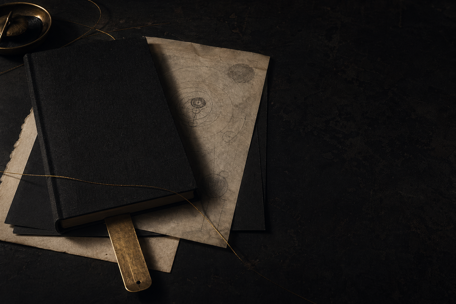 Closed journal, vellum map, and brass marker on a dark archive desk
