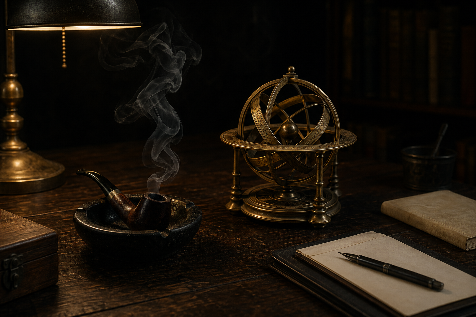 Smoking pipe and brass armillary instrument on a dark study desk